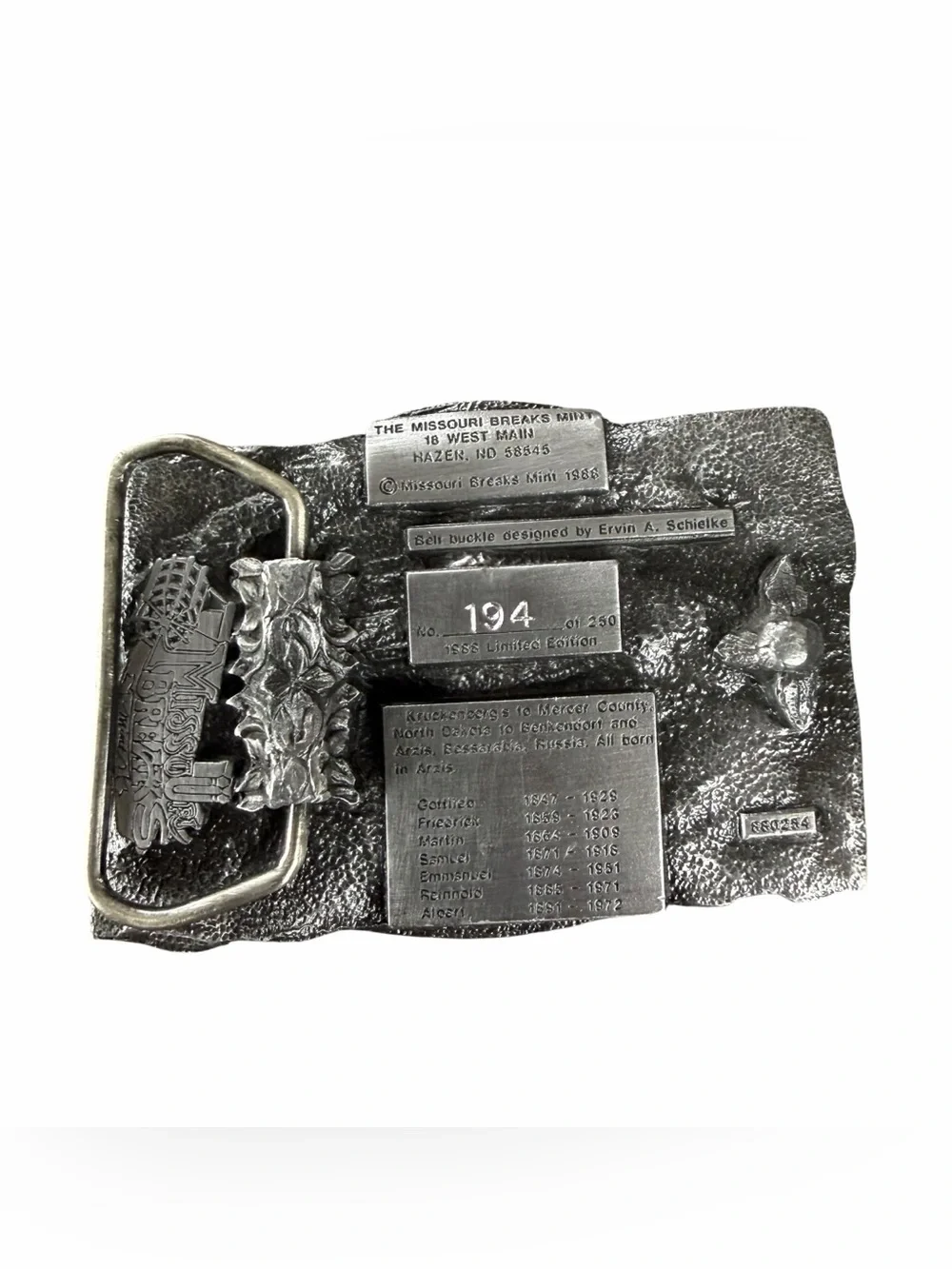VINTAGE 1988 KRUCKENBERG 100 YEARS IN AMERICA LIMITED EDITION PEWTER BELT BUCKLE
